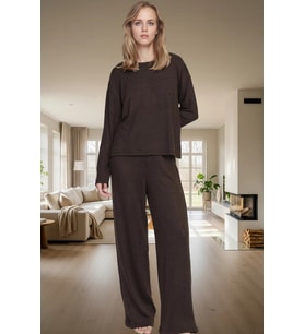 Örme Kaşkorse Pijama Takımı Rahat Kışlık 2 Parça Zarifane Tasarım Seçkin Malzeme (Kahverengi)