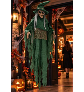 Halloween Cadılar Bayramı Sensörlü Sesli Işıklı Asılabilir Büyük Yeşil Cadı Korku Süsü 150 cm
