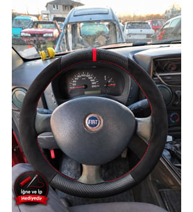 Fiat Albea Dikme Direksiyon Kılıfı Alcantara Süet Mat Karbon Kırmızı Yüzük ve Dikiş 2002-2012