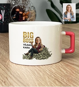 Kişiye Özel Karikatürlü Big Boss Kadın Patrona Hediye Lüks Fincan Doğum Günü Hediyesi