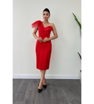 Saten Kumaş Straplez Tül Detaylı Kalem Elbise - KIRMIZI