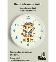 İsme Özel Sevimli Aslan Çocuk Odası Duvar Saati Orta Boy 30 cm Beyaz Camlı Sessiz