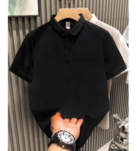 Yakası Düğmeli Yakalı Pike Düz T-Shirt - Siyah
