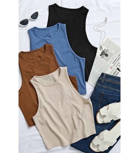 Merry See 4'lü Paket 4 Renk Takım Kadın Kolsuz Örme Kumaş Bluz Crop (Çok Renkli)