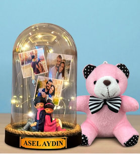 Size Özel Tasarlanacak Led Işıklı Fanus ve Pembe Peluş Anahtarlık Hediye Seti (Model 8)