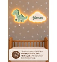 Ahşap Çocuğun İsmine Özel Dinozor ve Bulut Pilli Ledli Gece Lamba Seti Yıldız Hediyeli Bebek Çocuk Odası