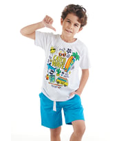 Tatil Erkek Çocuk T-shirt Şort Takım (Beyaz-Mavi)