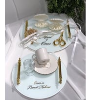 Cam Tepsi Takımı Üzerindekiler Dahil Komple Set (İncili Kurdele Dahil Üzerine Yazı Yazılır) (Gold)