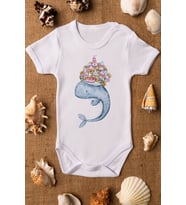 Unisex Beyaz Bebek Balina Baskılı Çıtçıtlı Body