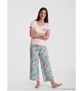 LCW DREAM Turkuaz Beli Lastikli Çiçekli Kadın Kapri Pijama Altı
