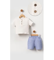Unisex Bebek&Çocuk %100 Pamuklu Çizgili Düğmeli Müslin Şort Takım-Mavi
