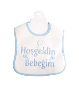 Hoşgeldin Bebeğim Yazılı Mavi Biyeli Su Geçirmez Erkek Bebek Önlük