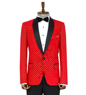Nokta Desenli Slim Fit Kırmızı Erkek Smokin Ceket - Wessi