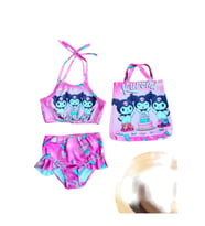 Kız Çocuk karakter Baskılı Eteği Fırfırlı- ip bağlamalı ÇANTA Mayo Bikini 3 lü Takım (Pembe)