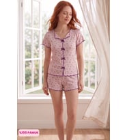 Çağrı Kadın Kayık Yaka Düğmesiz Fitilli Kumaş Fiyonklu %100 Pamuk Kısa Kol Mini Şortlu Pijama Takımı