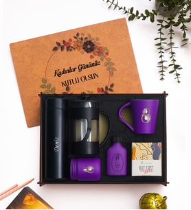 Kahve Sever Kadınlar Günü Premium Hediye Seti – French Press, Kahve ve Kupa - Mor