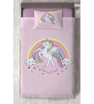 MEKTA HOME BEBEK VE ÇOCUK ODASI Gökuşağı ve Unicorn Desenli Pembe Yatak Örtüsü
