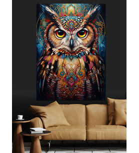 Otantik Desenli Baykuş Portresi Dekoratif Kanvas - Mdf Ahşap Tablo