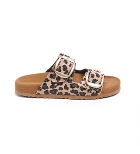 Hakiki Deri Çift Tokalı Kadın Terlik (Leopar)