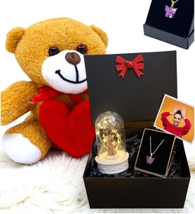 Kırmızı Kalpli Peluş Ayıcık ve Kelebek Kolyeli Fotoğraflı Hediye Kutusu - Premium Set (Model 3)