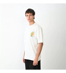 Unisex Bisiklet Yaka Baskılı Oversize T-Shirt - Beyaz