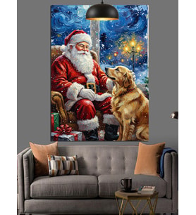 Yılbaşı Kıyafetli Sakallı Noel Baba Ve Köpek Dekoratif Kanvas - Mdf Ahşap Tablo