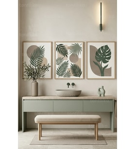 Modern Botanik Banyo Konsepti 3’lü Ahşap Çerçeveli Tablo Seti