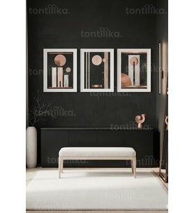 Modern Rose Gold Soyut Geometrik Sanat 3’lü Ahşap Çerçeveli Tablo Seti