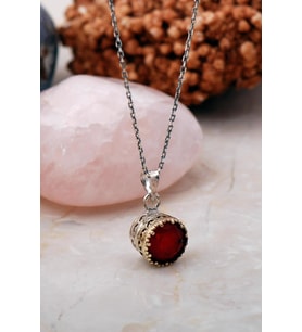 Kök Yakut Taşlı Elişi Gümüş Kolye 6813 (Bordo)