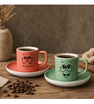 BK Gift 2'li Somon ve Yeşil Renkli Emoji Yüz Tasarımlı Seramik Türk Kahvesi Fincanı Takımı-2