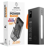 22.5W PD 3.0 Kablolu Powerbank, Gerçek 20.000 mAh Taşınabilir Şarj Cihazı, Dahili Type-C, Lightning ve Micro USB Kablolu, LED Ekranlı, Hızlı Şarj, iPhone 16/15 ve Android Uyumlu, Siyah