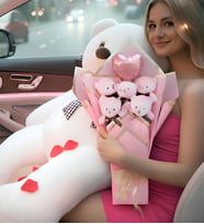 Sevgiliye Hediye 90 Cm Peluş Ayı Ve Pembe Balonlu Peluş Ayıcık Buketi Sevgililer Günü Hediyesi (Beyaz)