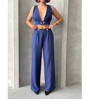 Crop pantolon keten takım s255012