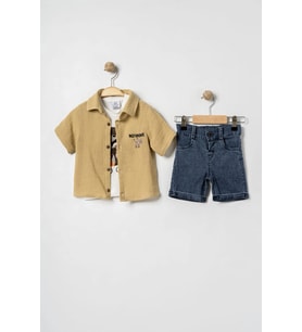 Erkek Bebek %100 Pamuk Sincap Nakışlı Gömlekli, Tişörtlü ve Şortlu Takım - 6-24 Ay