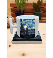 Kediler ve Sanat/Van Gogh Yıldızlı Gece The Starry Night Set 9 - T Kulplu Fincan Kupa-Taş Bardak Altlığı 1
