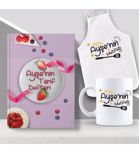BK Gift Kişiye Özel İsimli Mutfak Önlüğü Kupa ve Yemek Tarif Defteri Hediye Seti-16 (Model 1)
