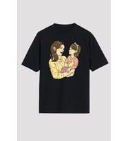 Yonca Anneler Günü Hediye Anne Kız Temalı Baskılı Oversize Bisiklet Yaka T-shirt - Siyah