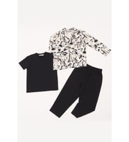 3'lü Ara Biyeli Tshirt Pantolon Siyah Pijama Takımı