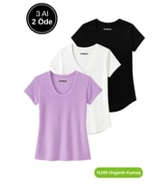 Kadın 3'lü Paket Siyah-Beyaz-Lila %100 Organik Pamuk Normal Kesim Tişört V Yaka T-Shirt