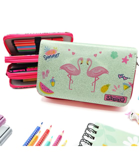 Simli Işıltılı Kuğu Flamingo Kalem Kutusu Vegan Deri Kalemkutu Üç Bölmeli Kalemlik - Pembe