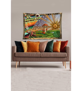 Sarı-Yeşil Mushroom Mantar Desenli Leke Tutmaz Kadife Kumaş Duvar Örtüsü Duvar Halısı Tapestry