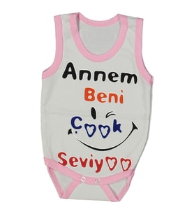 Kız Bebek Beyaz Pembe Biyeli Annem Beni Seviyor Yazılı Askılı Zıbın