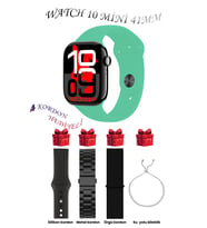 Samsung Galaxy Z Fold3 Uyumlu Su Yeşili Akıllı Saat Watch 10 Mini Kordon Hediyeli AMOLED EKRAN 41MM (Siyah - Su Yeşili)