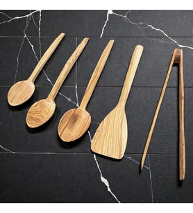 El Yapımı Doğal Zeytin Ağacı 5 Parça Mutfak Seti - Sağlıklı Pişirme ve Servis Gereçleri (3 Boy Kaşık, Spatula ve Servis Maşası)