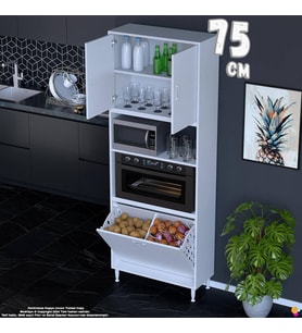 Eliusta Asel 75 cm Fırın Uyumlu 2 Göz Sepetli Çok Amaçlı Banyo Kirli Çamaşır Oyuncak Dolabı Beyaz 75x213x32