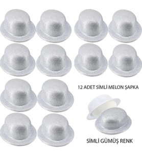 pilelistore Gümüş Renk Simli Melon Yuvarlak Parti Şapkası 12 Adet