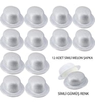 pilelistore Gümüş Renk Simli Melon Yuvarlak Parti Şapkası 12 Adet