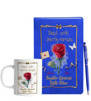 Sevgililer Gününe Özel Mavi Defter Kalem & Kupa Hediye Seti 15