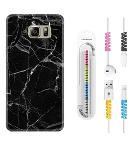 Samsung S7 Edge S20 Fe Plus Ultra S21 S22 Kılıf Kablo Koruma Spiral Silikon Fragile Black Mermer 1378