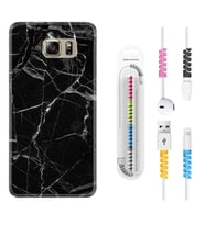 Samsung S7 Edge S20 Fe Plus Ultra S21 S22 Kılıf Kablo Koruma Spiral Silikon Fragile Black Mermer 1378